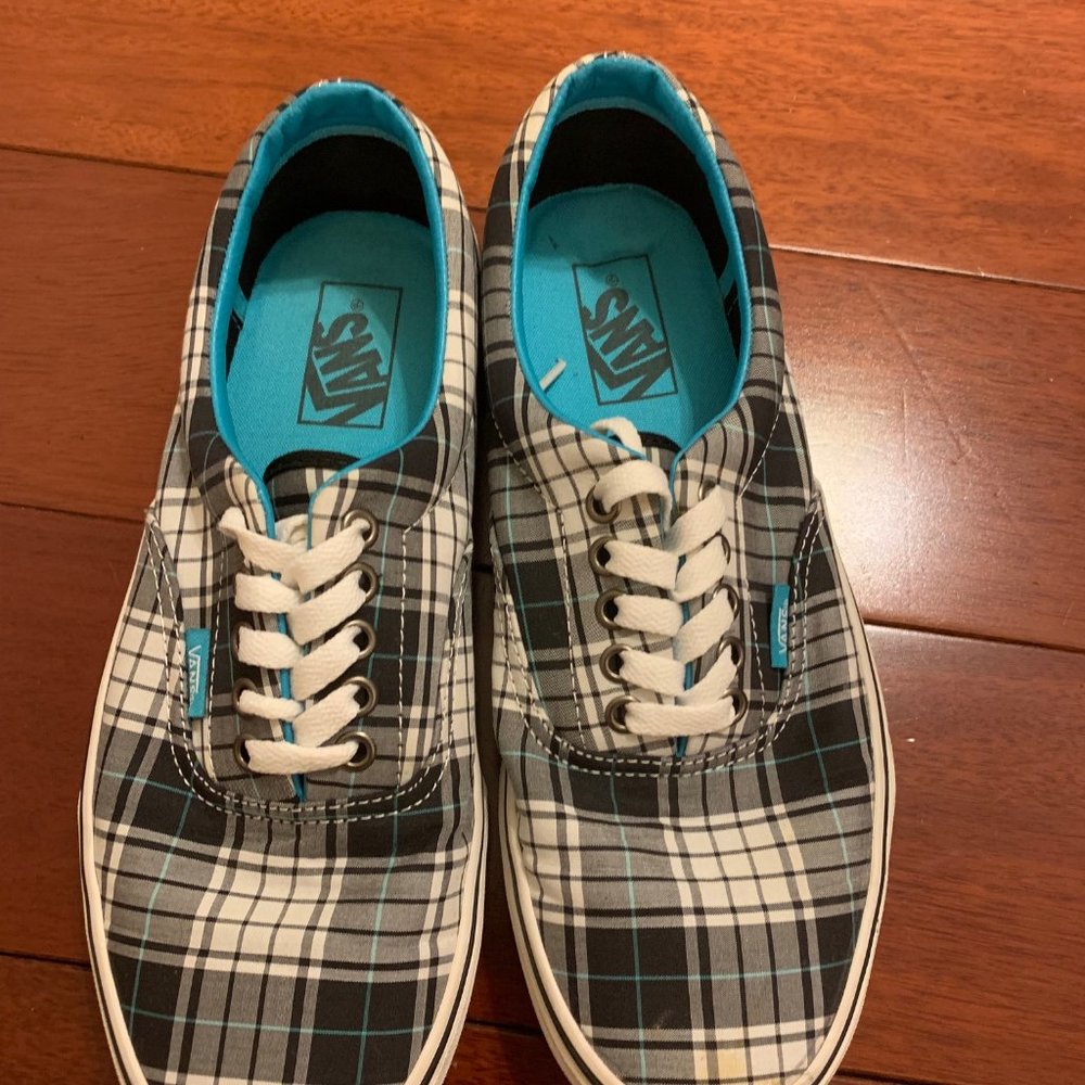 Blue, White, and Black Patterned Vans